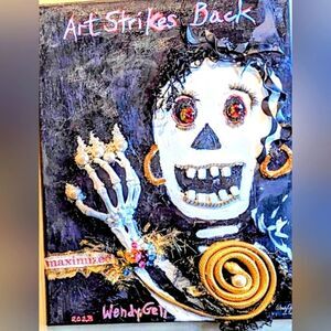 Wendy Gell 3 dimensional on canvas "Art Strikes Back' skull jeweled eyes hand